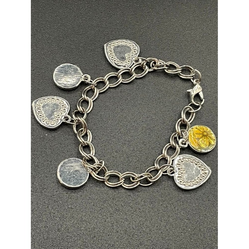 Silvertone Heart & Flowers Enameled Charm Bracelet Length 6 Inches